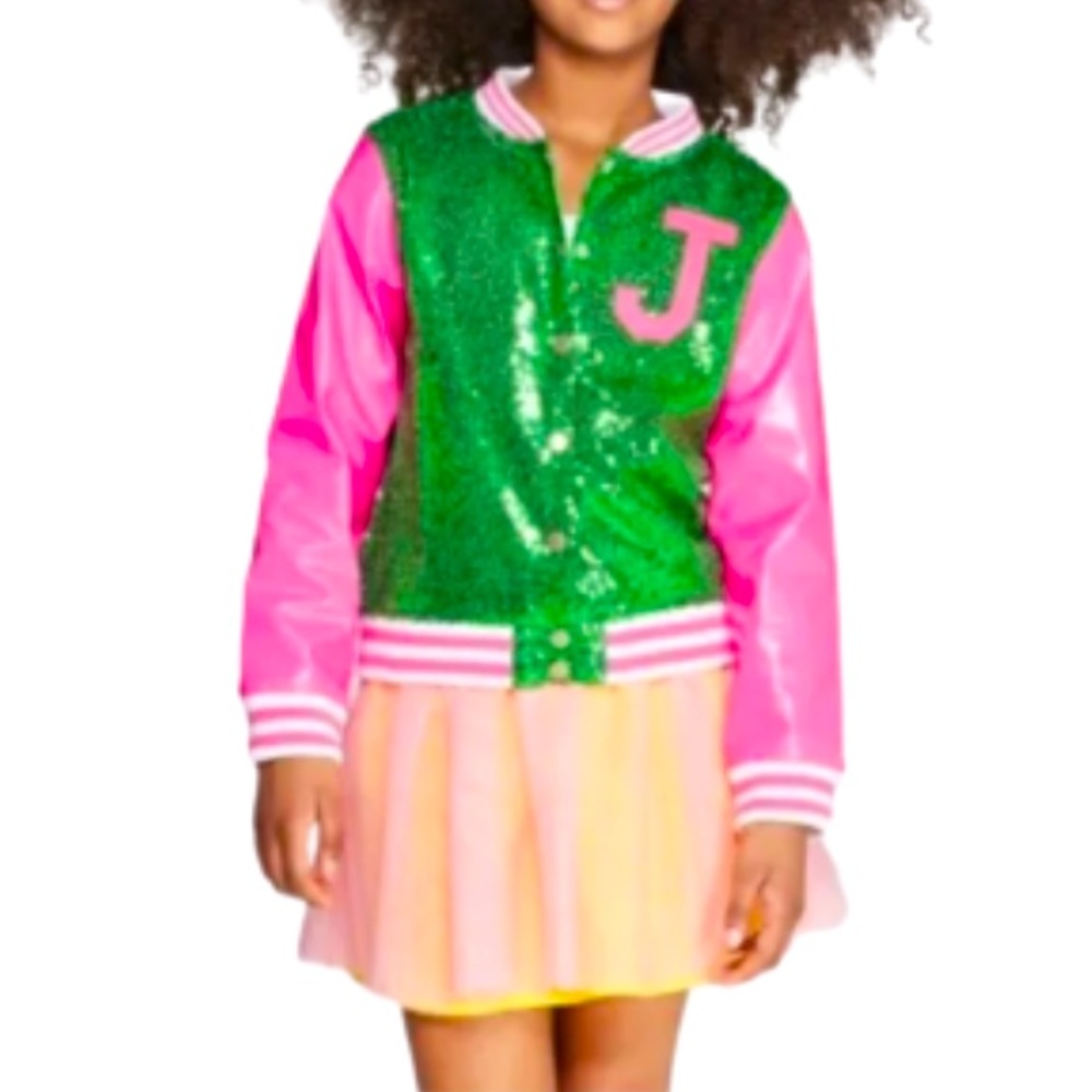Jojo Siwa Green Sequin Pink Sleeves Bomber Jacket size XS